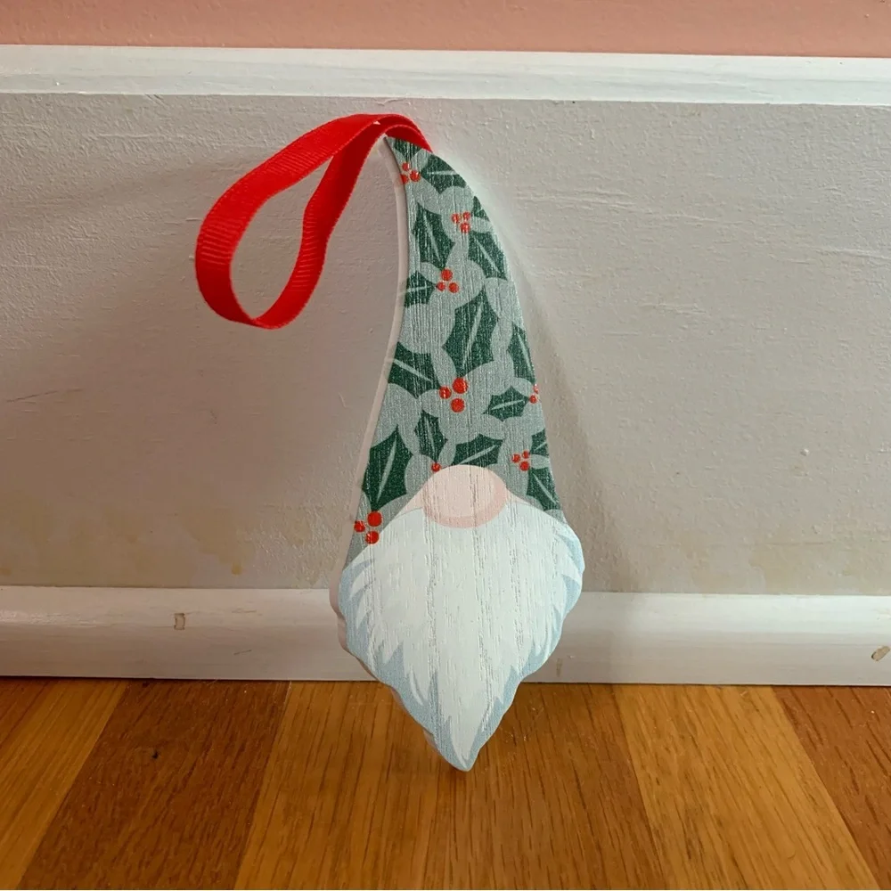 Wooden Elf Ornament Red Ribbon Mistletoe Hat